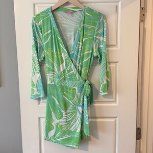 Women’s Lilly Pulitzer Karlie Wrap Romper in Green Sheen Fronds, Size L